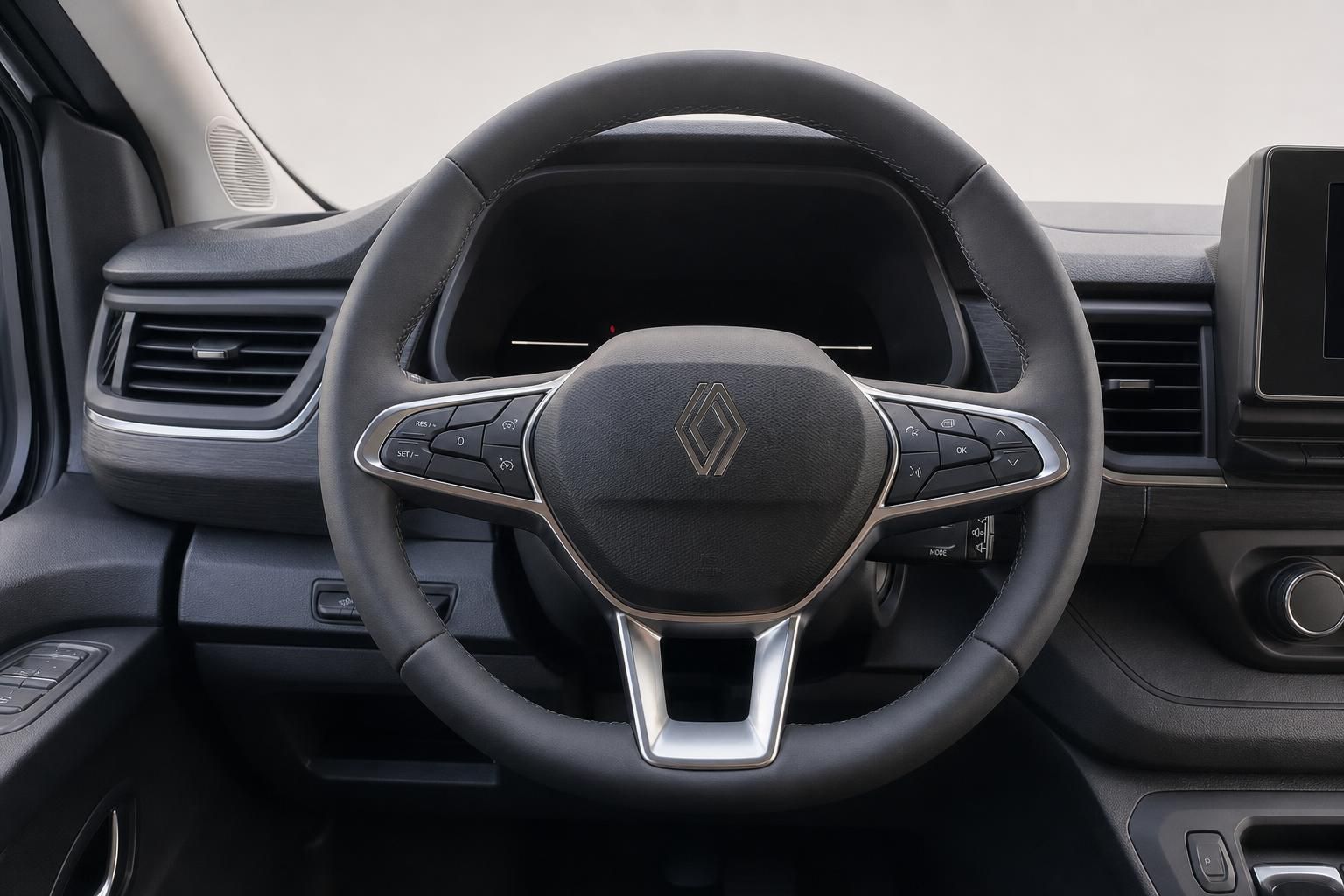 Renault Transporter Innenraum Lenkrad mit Multifunktionstasten und Armaturenbrett Detail