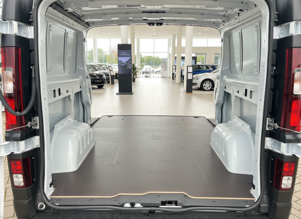 Laderaum eines weißen Transporters – geöffnete Hecktüren mit dunklem Holzboden im Autohaus