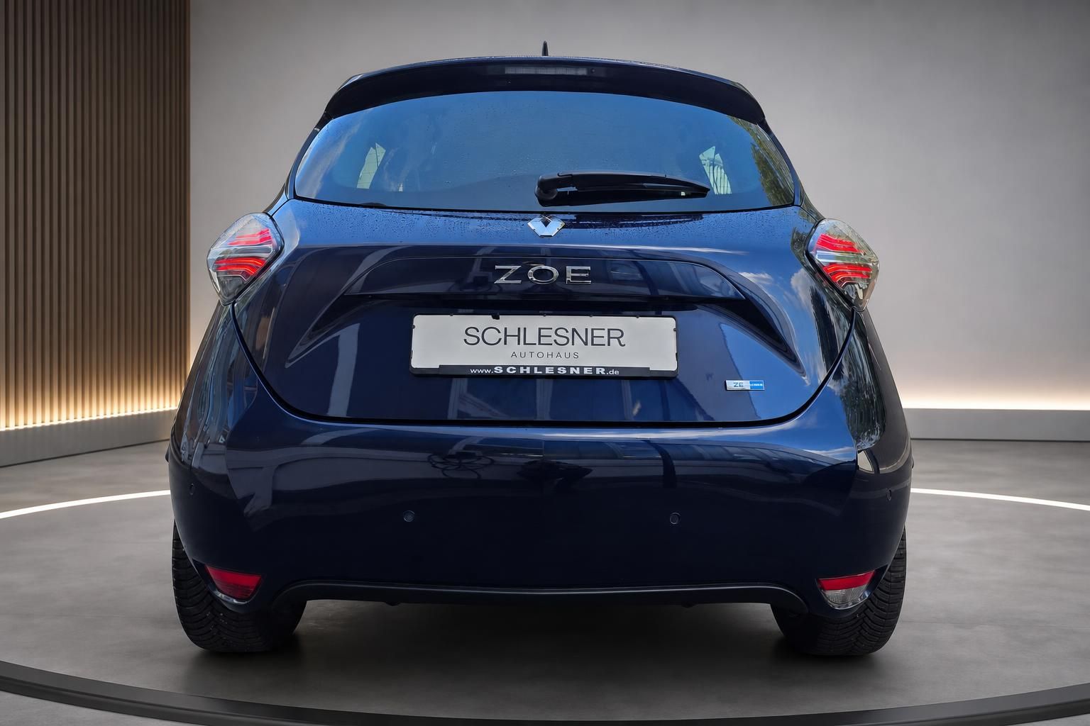 Renault Zoe blau Heckansicht mit Kennzeichenhalter Schlesner Autohaus