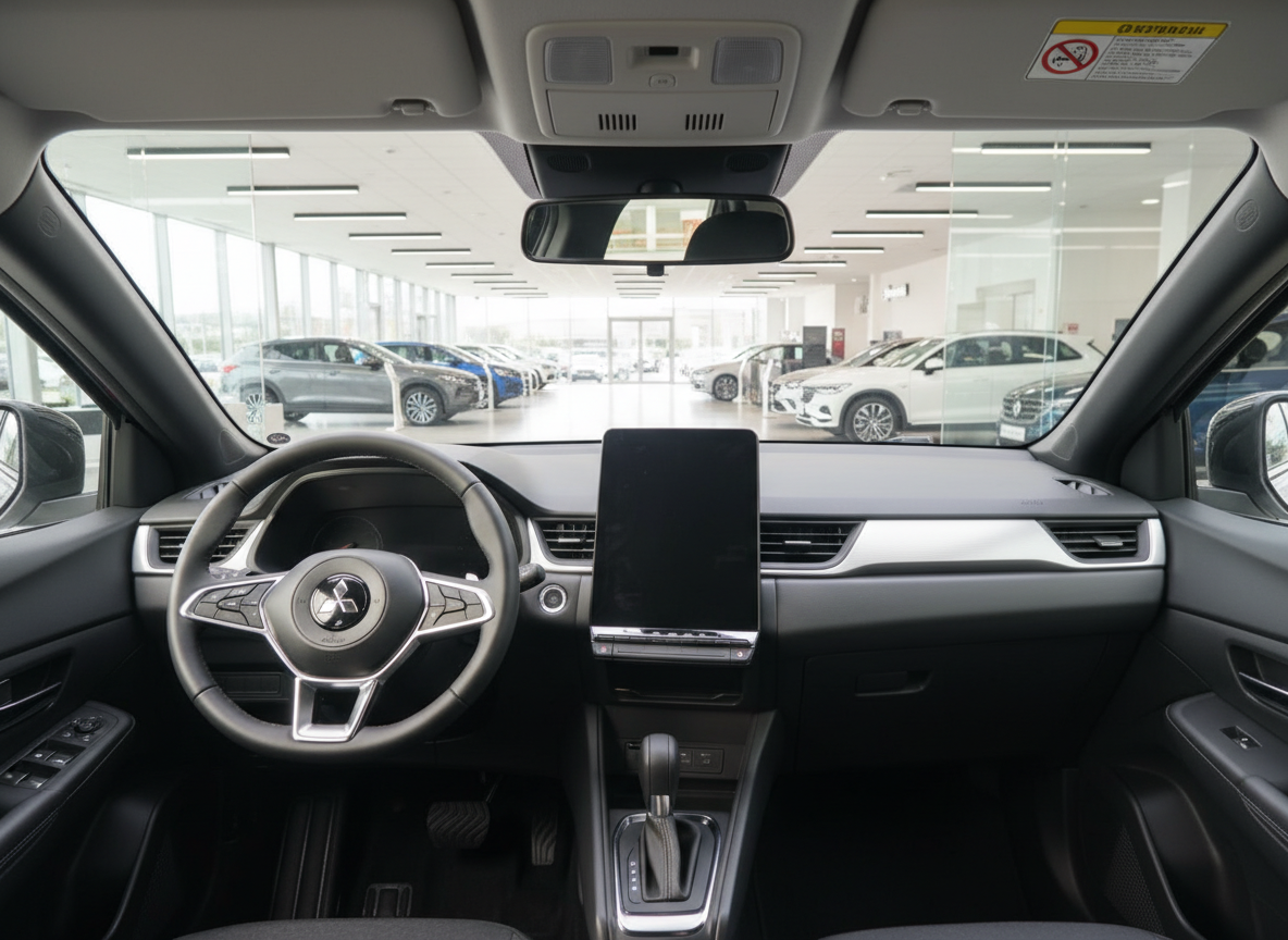 Mitsubishi Innenraum mit Lenkrad, großem Touchscreen und modernem Cockpit im Autohaus