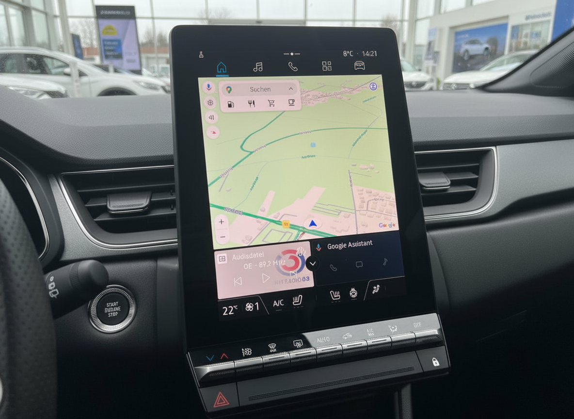 Renault Innenraum mit vertikalem Touchscreen, Google Maps Navigation und Android Auto Interface