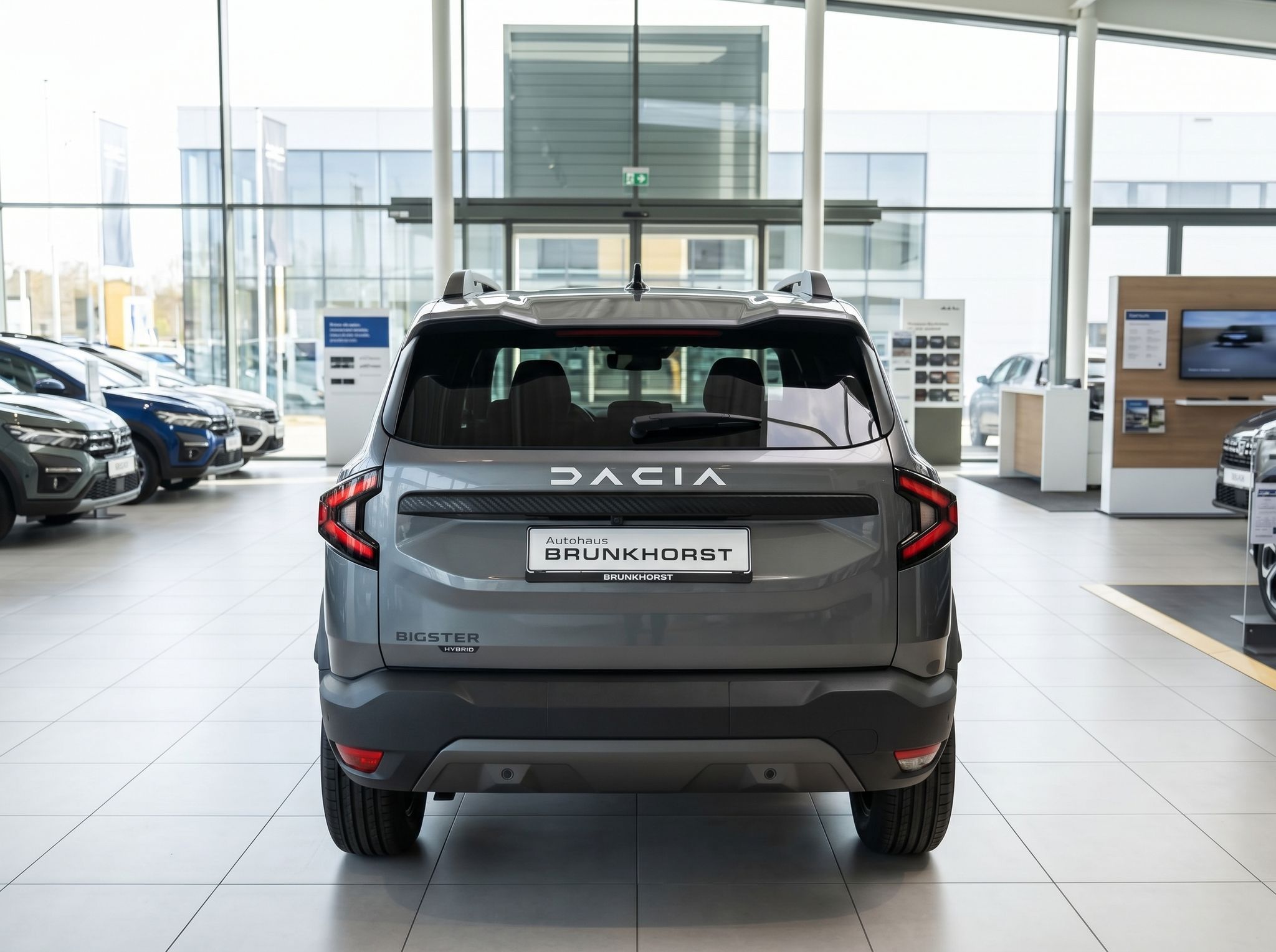Dacia Bigster Hybrid SUV von hinten in grau mit Händlerkennzeichen im Autohaus
