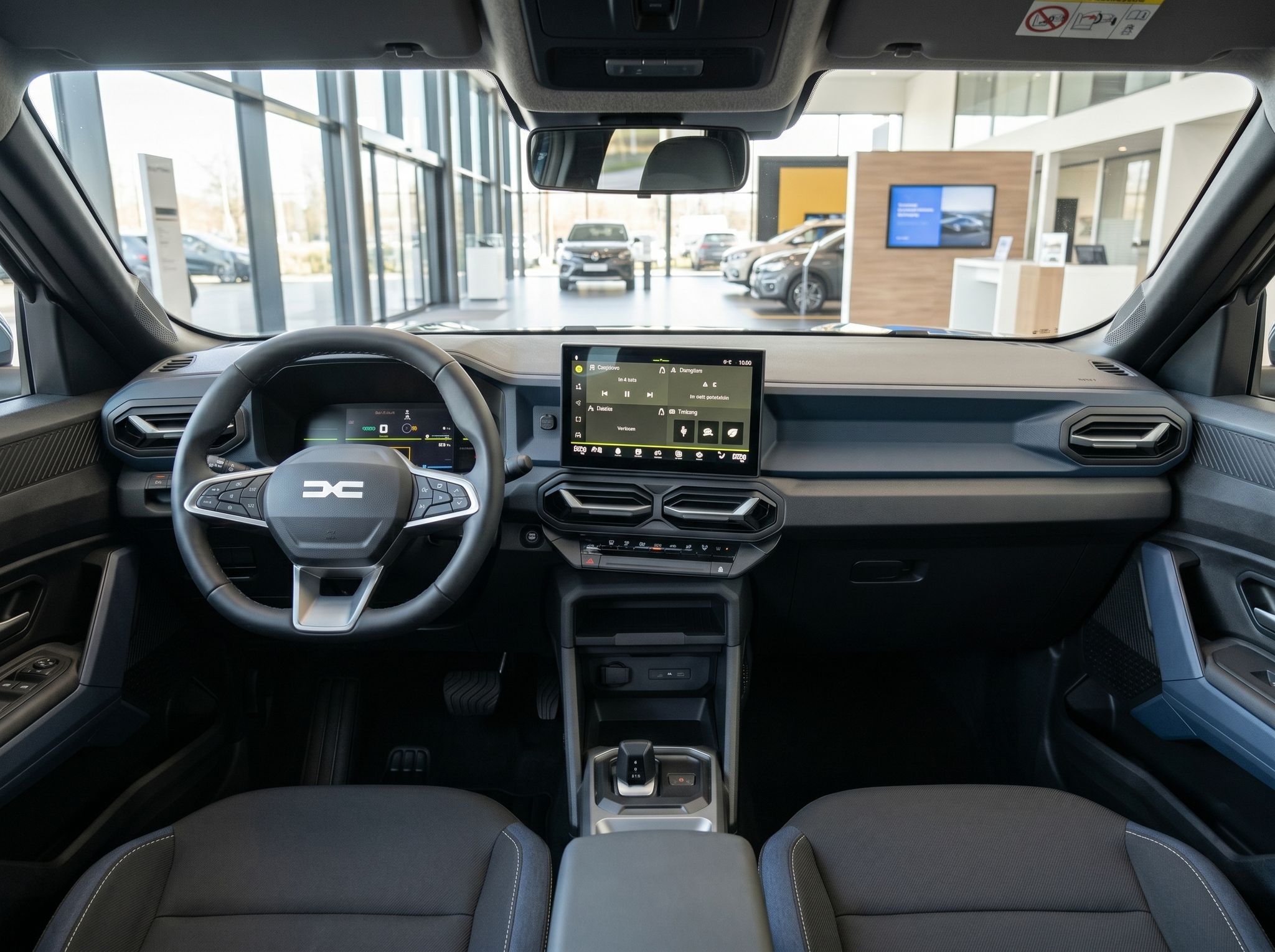 Modernes Fahrzeug-Cockpit mit Touchscreen-Display und dunklem Interieur im Autohaus