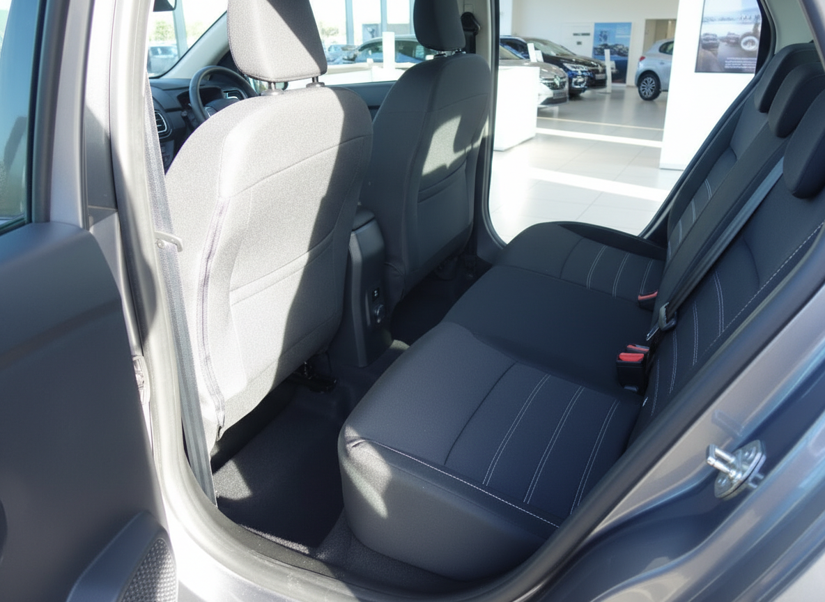 Fahrzeuginnenraum Rücksitzbank mit schwarzen Stoffsitzen und Sicherheitsgurten im Autohaus