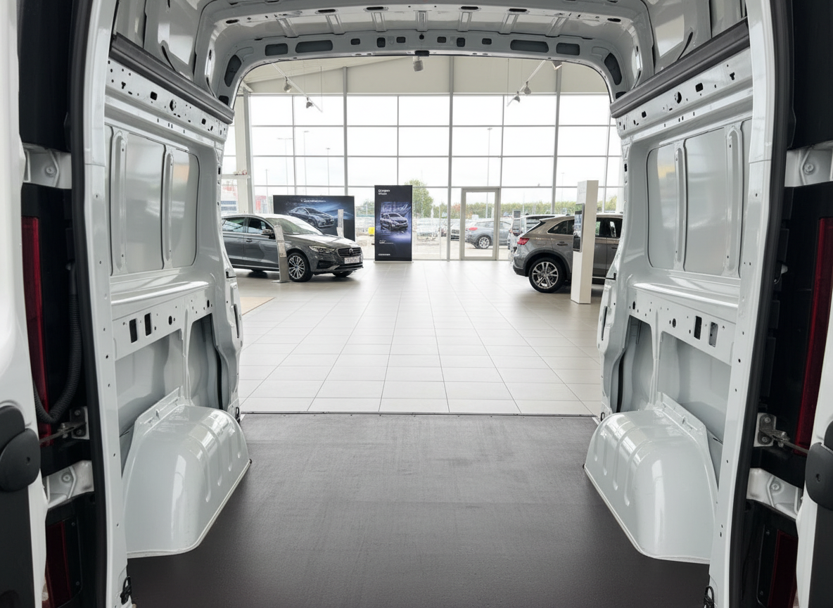 Weißer Transporter Laderaum geöffnet im Autohaus Showroom