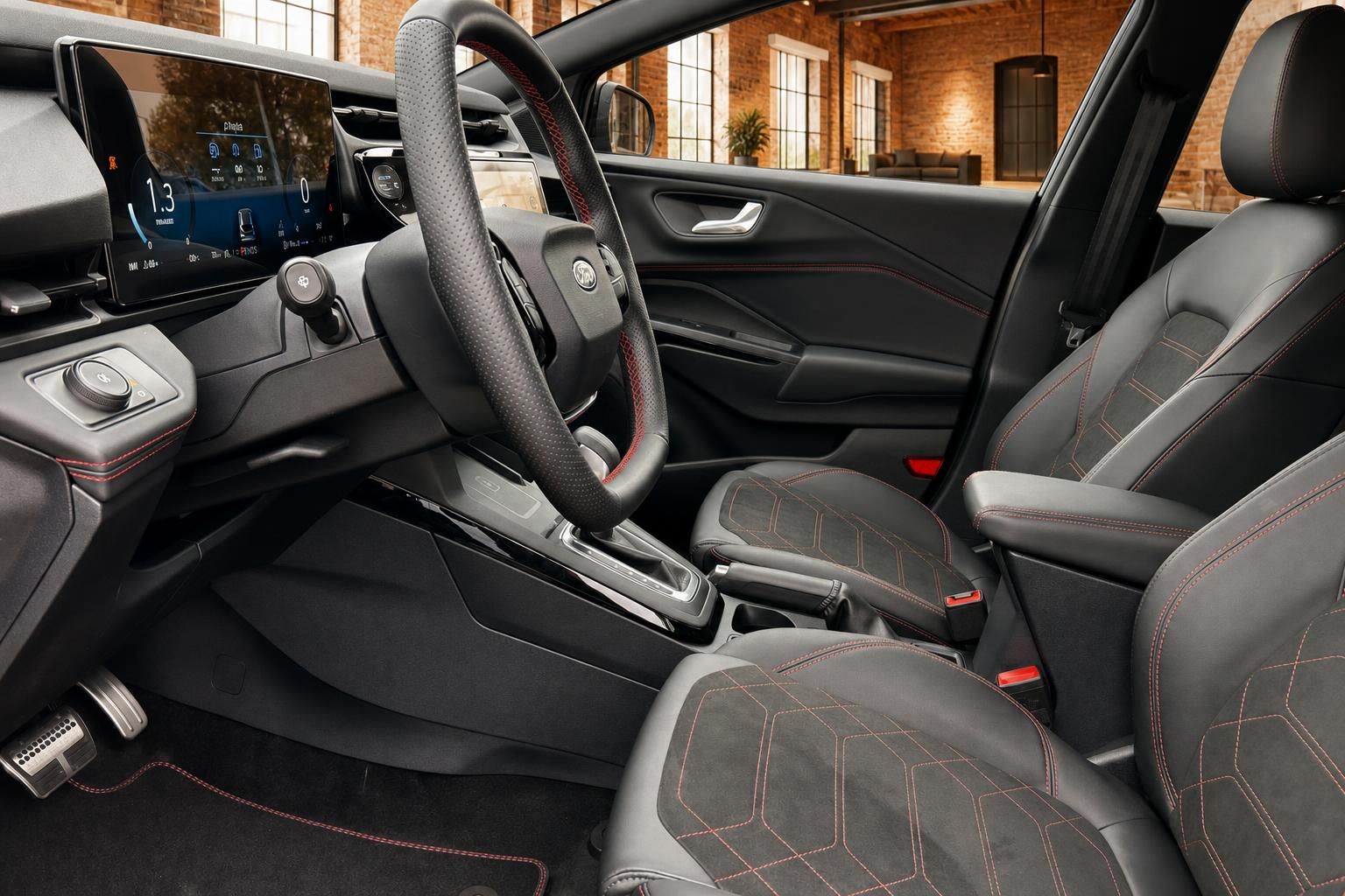 Ford Innenraum mit Vordersitzen, Lederlenkrad und Cockpit-Display in Schwarz