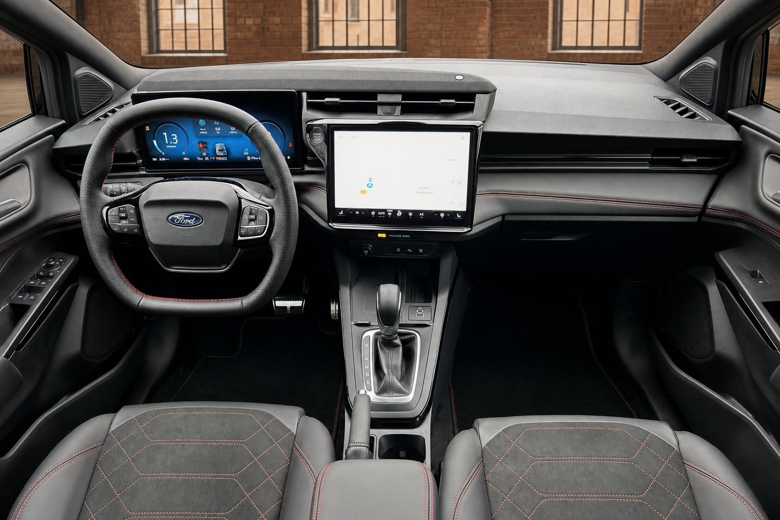 Ford Fahrerkabine mit Lenkrad, Navigationsdisplay und Sportsitzen im Detail