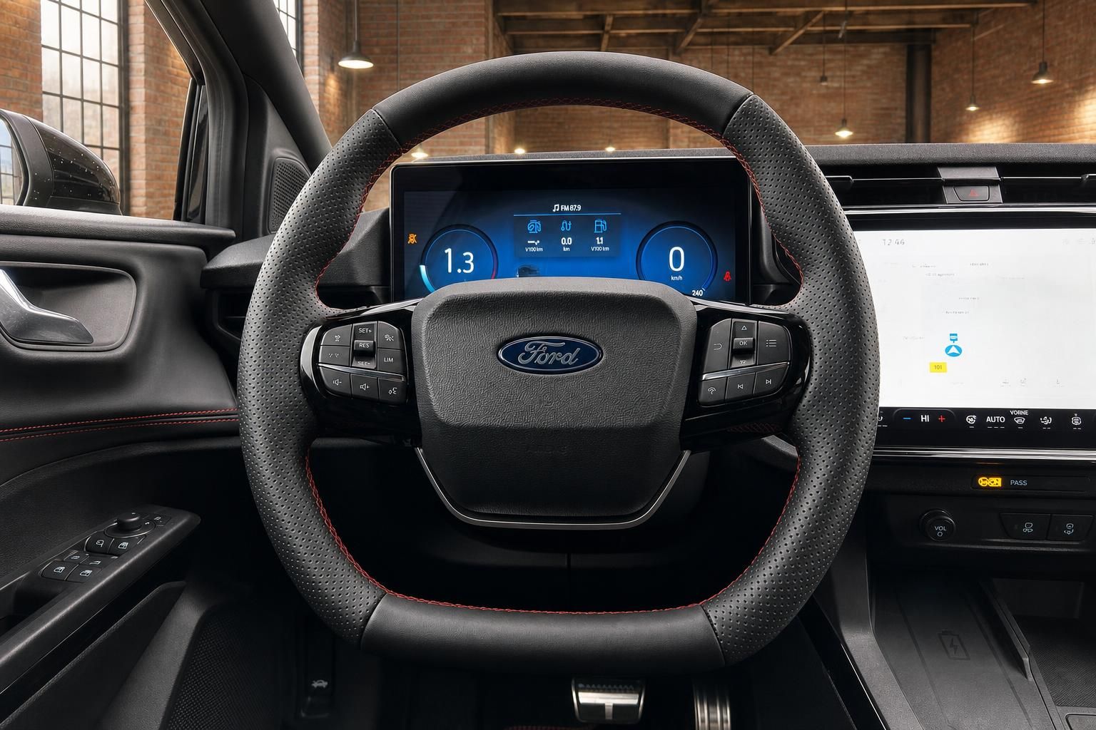 Ford Lenkrad Nahaufnahme mit Logo, Bedienelementen und digitalem Tachodisplay