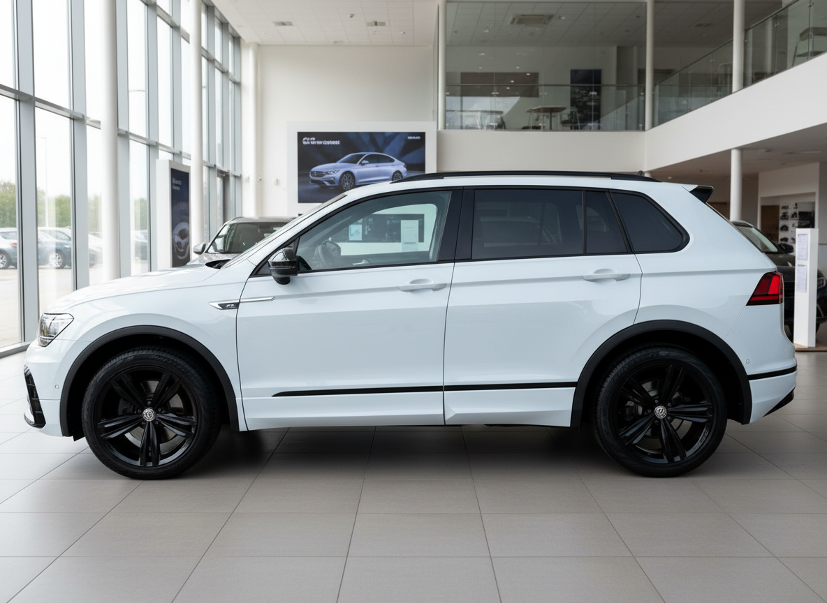 Weißer Volkswagen Tiguan SUV mit schwarzen Felgen im Autohaus-Showroom