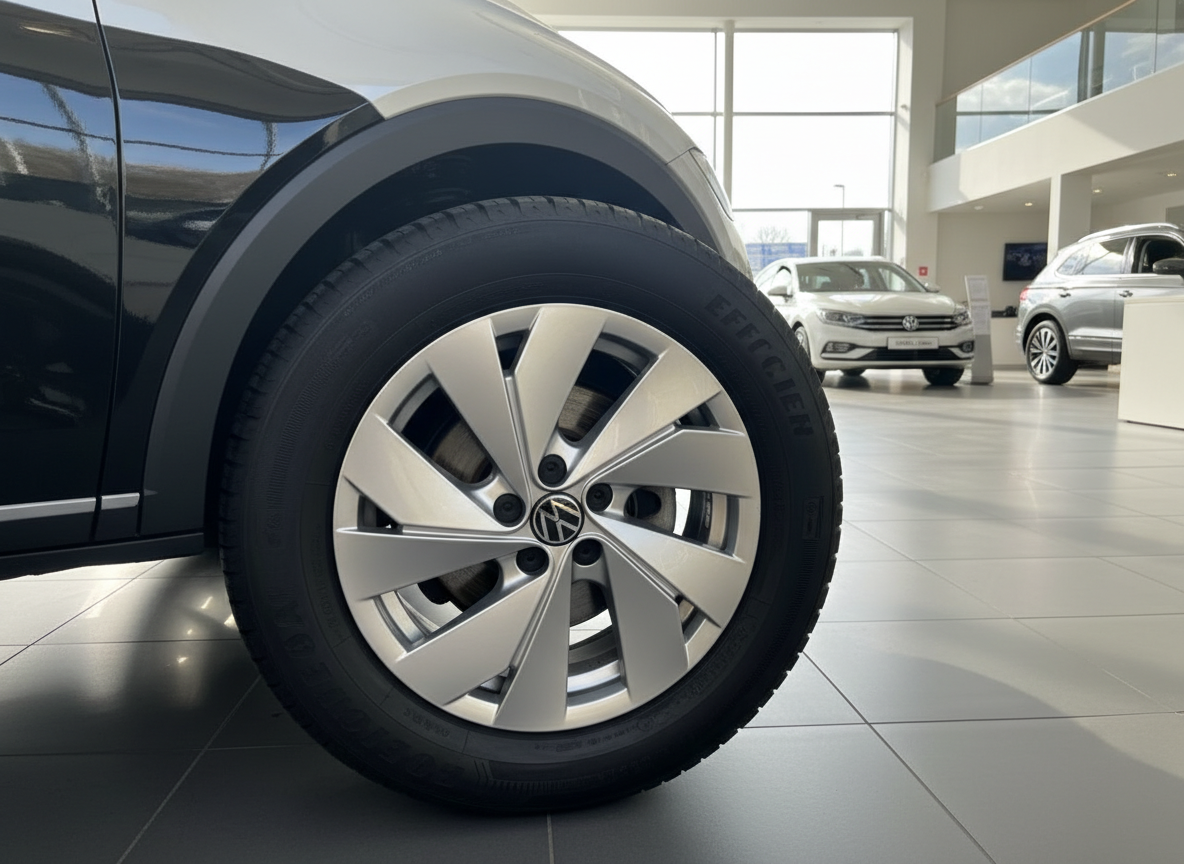 Volkswagen Fahrzeug Detailaufnahme Felge und Reifen im VW Autohaus Showroom