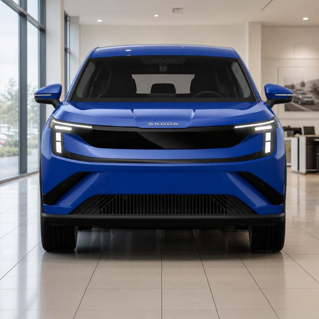 Blauer Škoda SUV Frontansicht direkt im Showroom