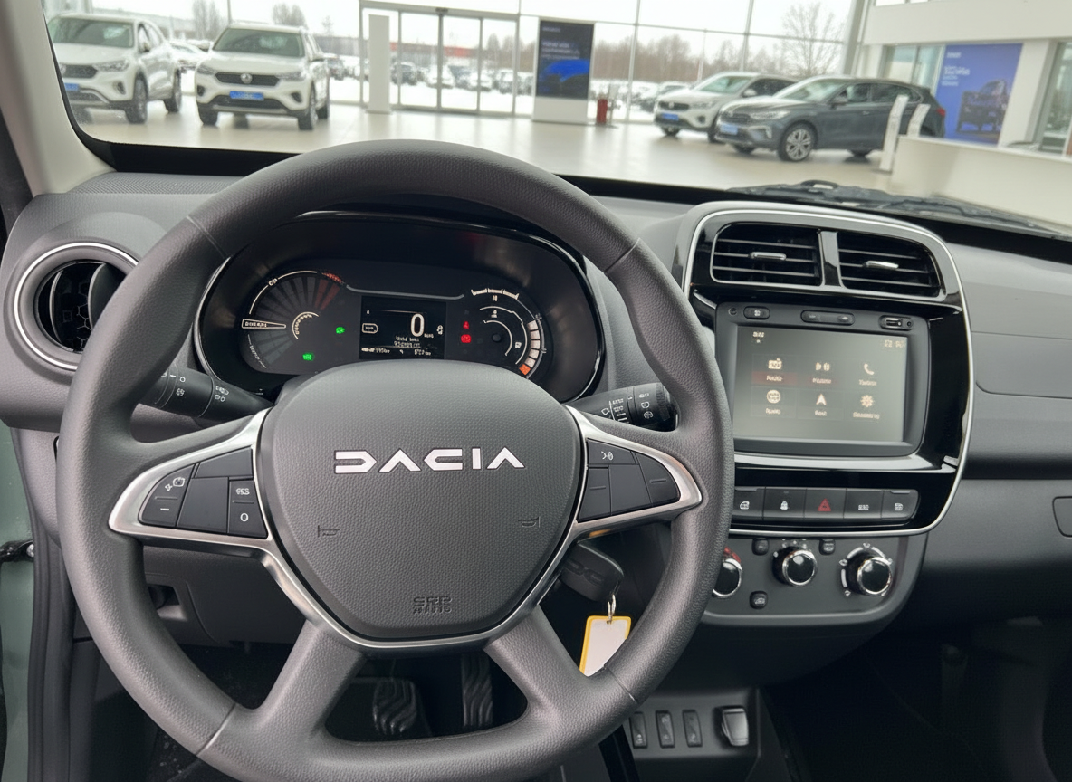 Dacia Innenraum mit Lenkrad, digitalem Kombiinstrument und Infotainment-Display im Autohaus