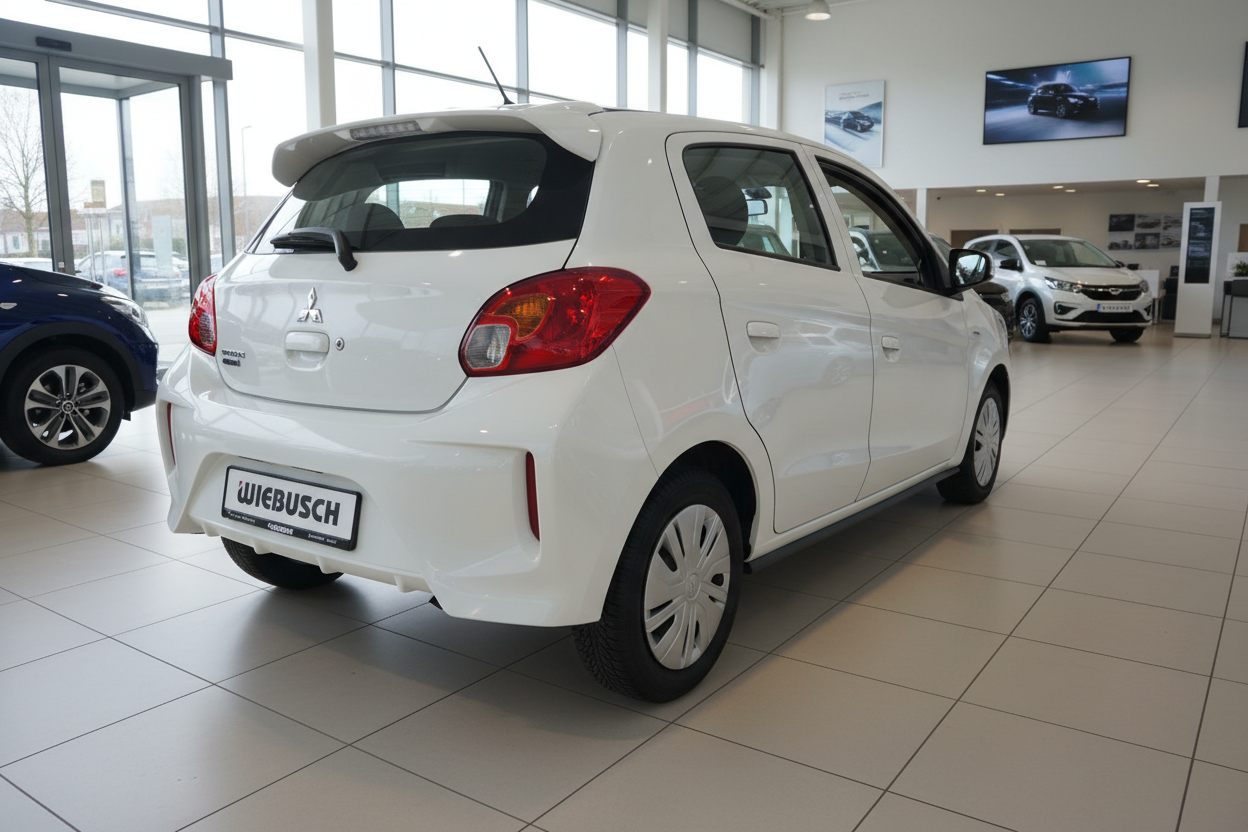 Weißer Mitsubishi Space Star Heckansicht im Autohaus Wiebusch Showroom