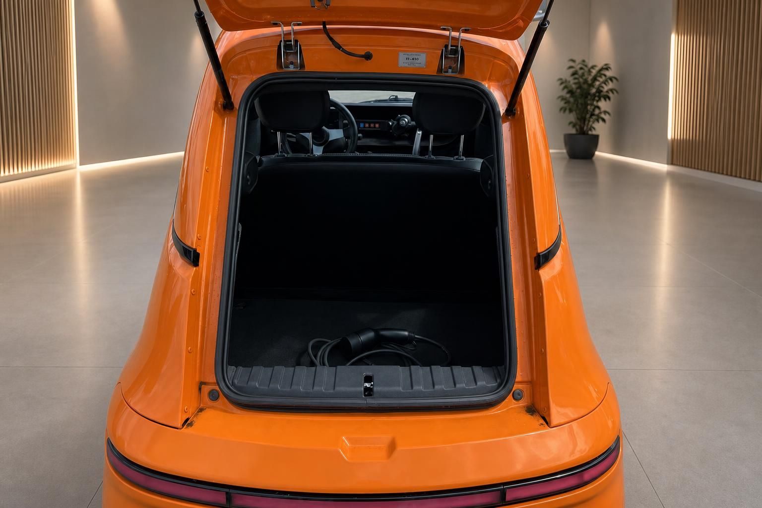 Oranges Elektroauto mit geöffnetem Kofferraum und Ladekabel - Blick in den Laderaum