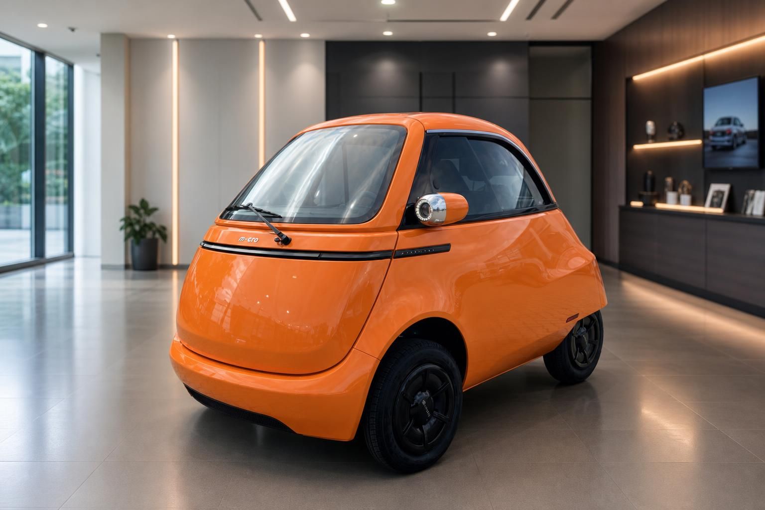 Orange Microlino Elektrofahrzeug von hinten rechts, kompakter Stadtflitzer im modernen Showroom