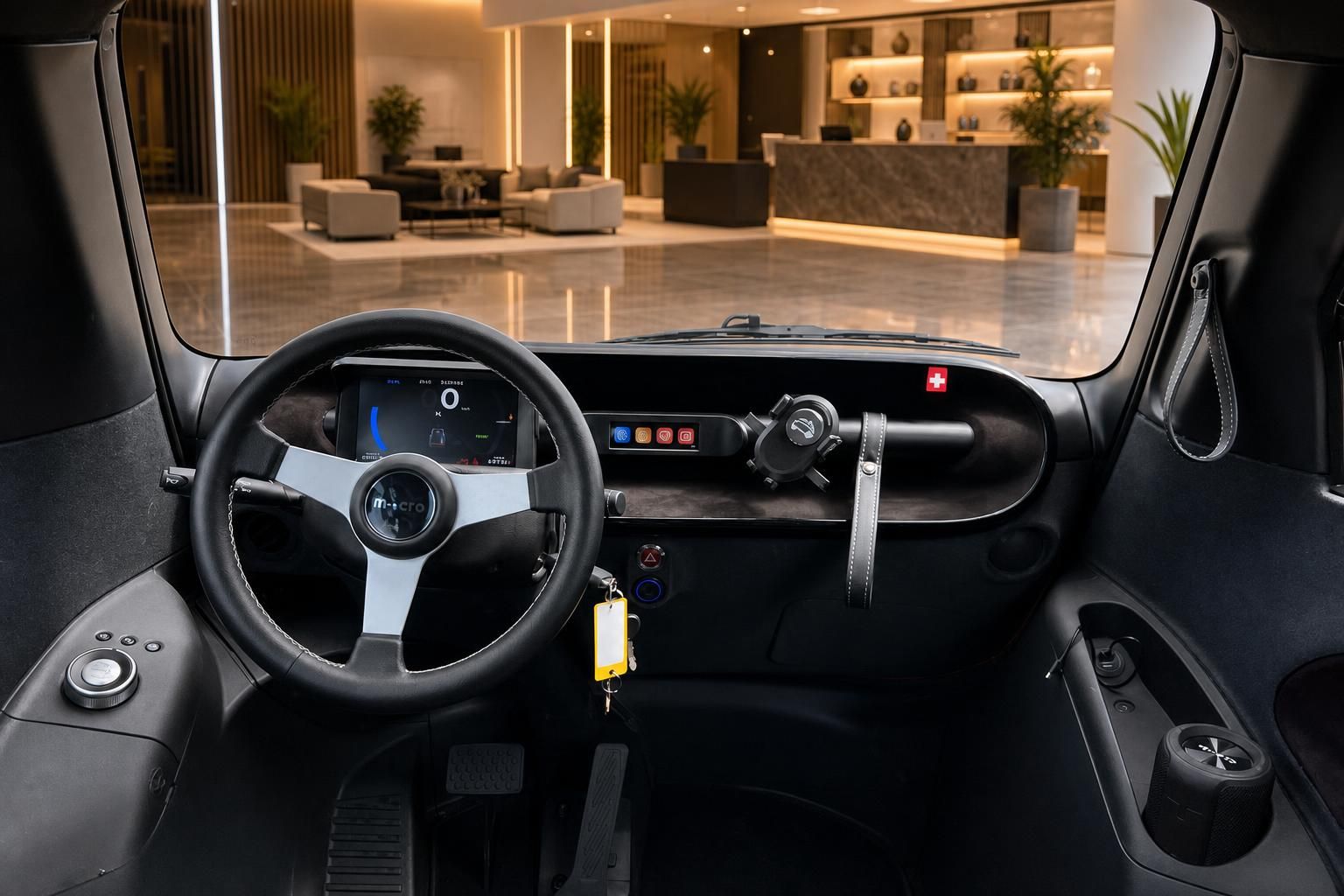 Microcity Elektrofahrzeug Cockpit mit Lenkrad und Display im Showroom