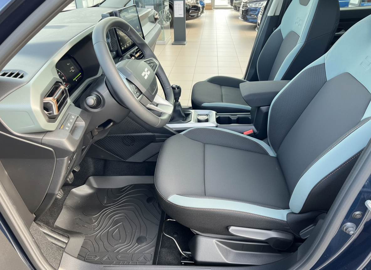 Dacia Innenraum mit schwarzen Sitzen, Lenkrad und Mittelkonsole im Autohaus