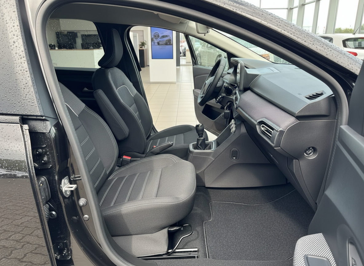 Schwarzes Fahrzeug Innenraum mit schwarzen Sportsitzen und Schaltgetriebe im Autohaus