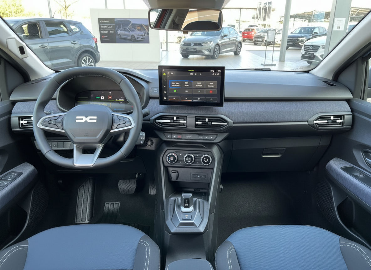 Dacia Innenraum mit digitalem Cockpit, Touchscreen und blauen Sitzen im Autohaus