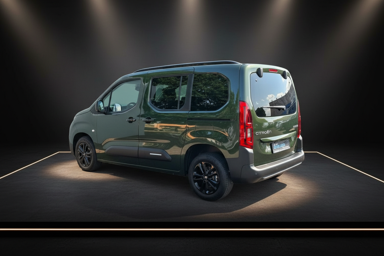 Citroën Berlingo in Olivgrün Heckansicht schräg, schwarze Felgen, Studiofoto