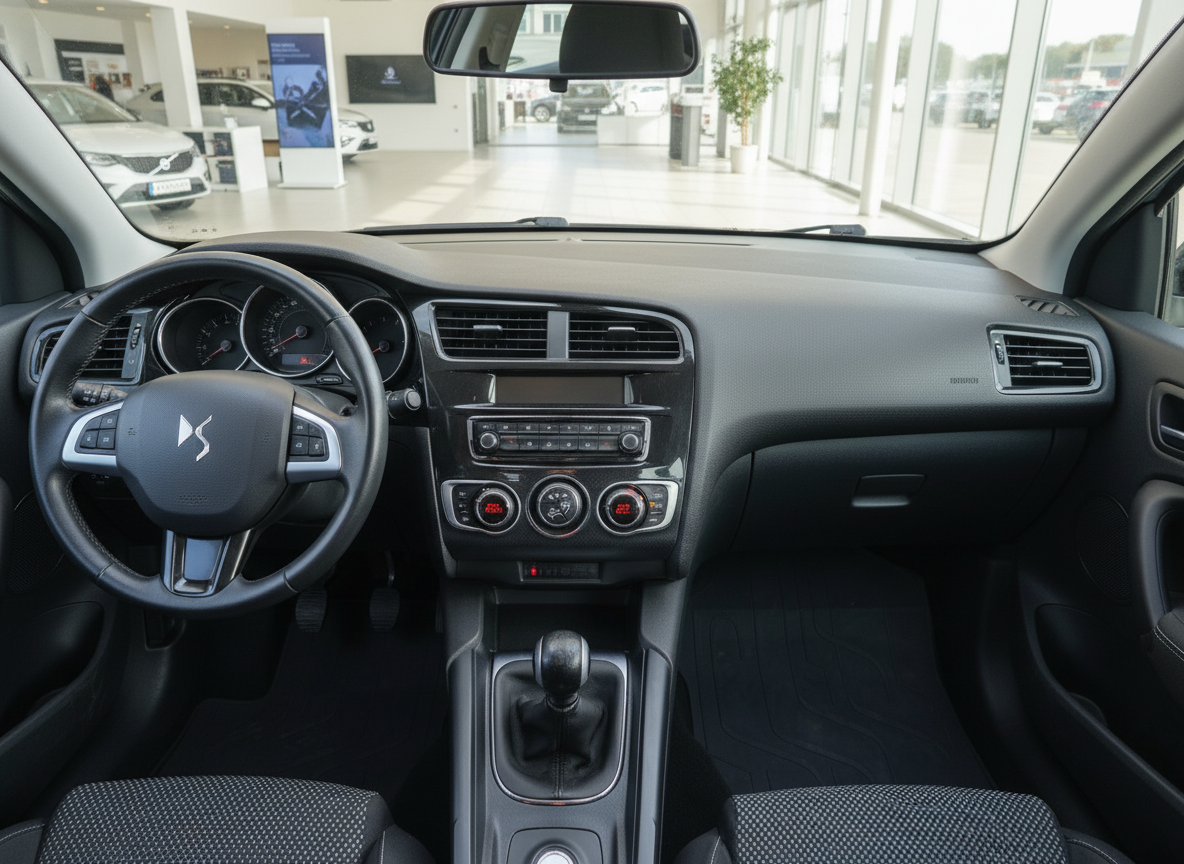 DS Automobiles Innenraum mit schwarzem Lenkrad, Schaltgetriebe und Armaturenbrett in grau