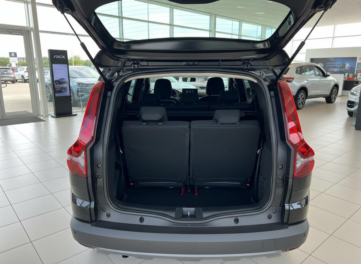 Dacia Jogger Kofferraum offen mit dritter Sitzreihe im Autohaus