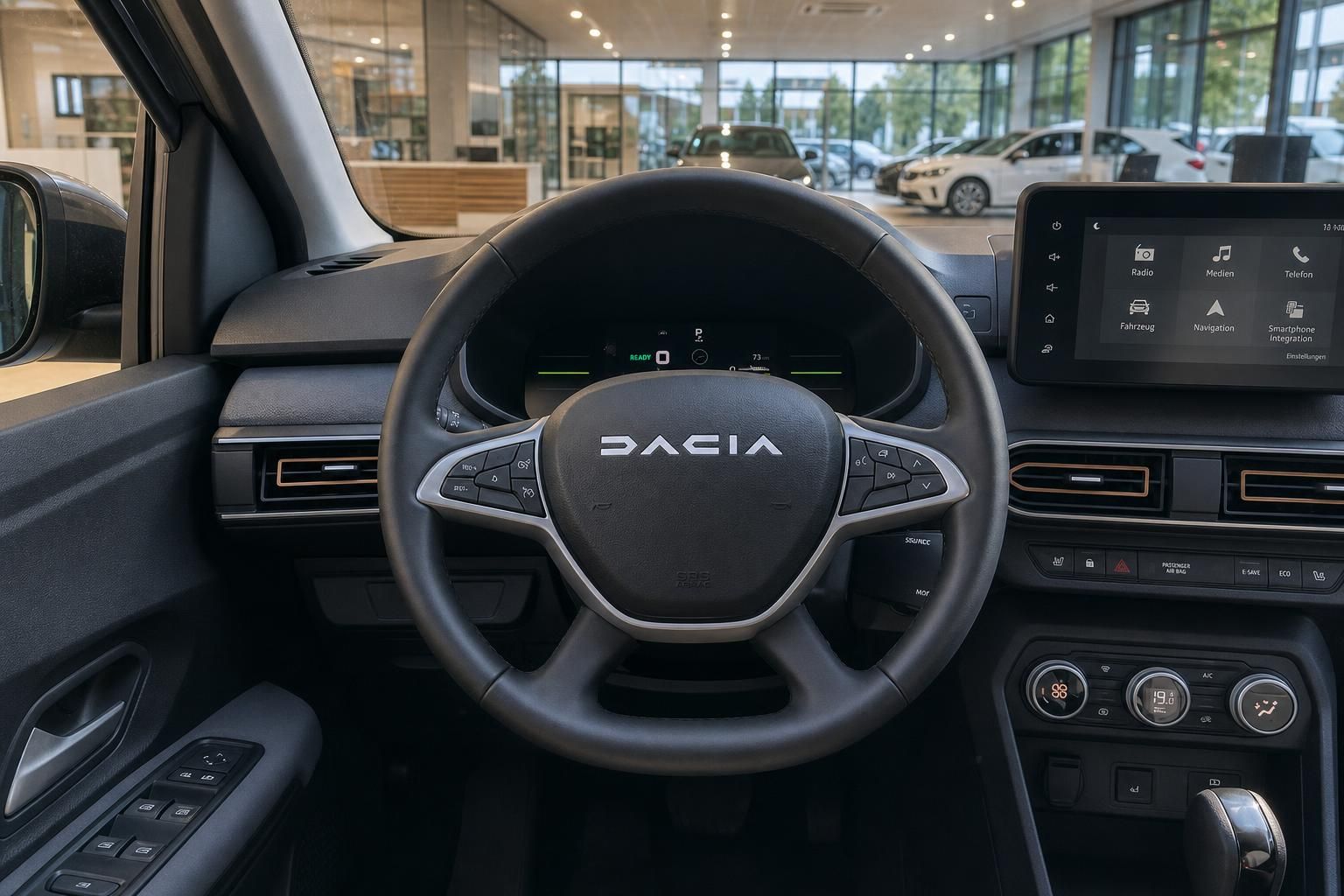 Dacia Cockpit mit Lenkrad, Instrumententafel und Touchscreen-Display