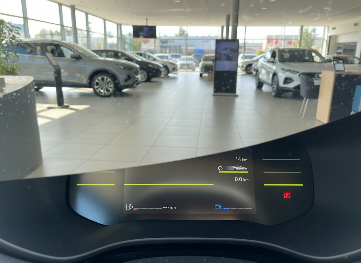Fahrzeug-Cockpit Digitaltacho im Autohaus Showroom mit SUVs im Hintergrund