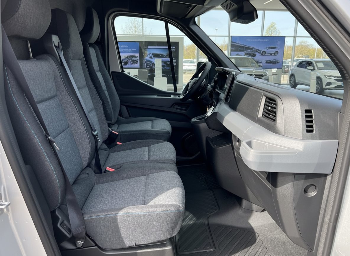 Innenraum eines VW Crafter mit Dreisitzer-Vorderbank in Grau und Blick auf Armaturenbrett