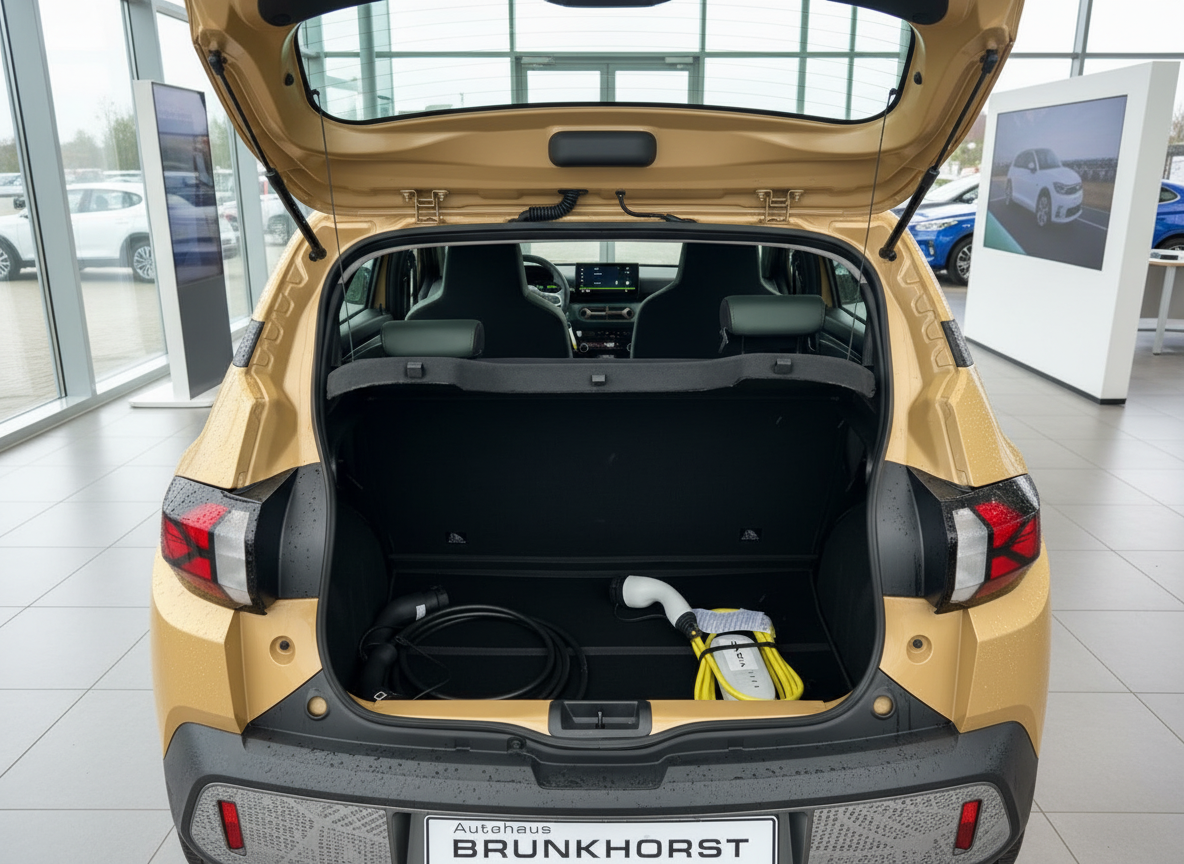Goldener Elektro-SUV mit geöffneter Heckklappe und Ladekabel im Kofferraum im Autohaus Brunkhorst