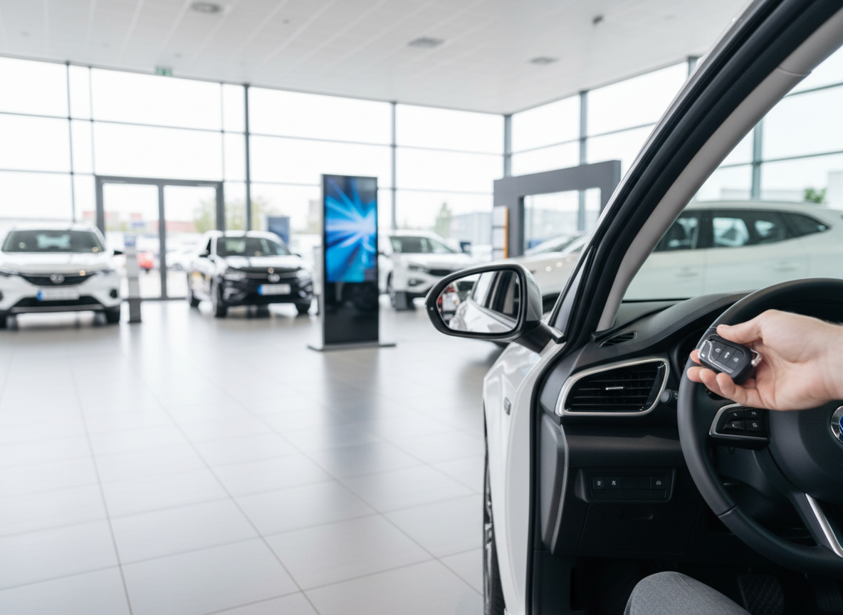 Weißes Fahrzeug im Autohaus-Showroom mit Fahrzeugschlüssel in der Hand am Lenkrad