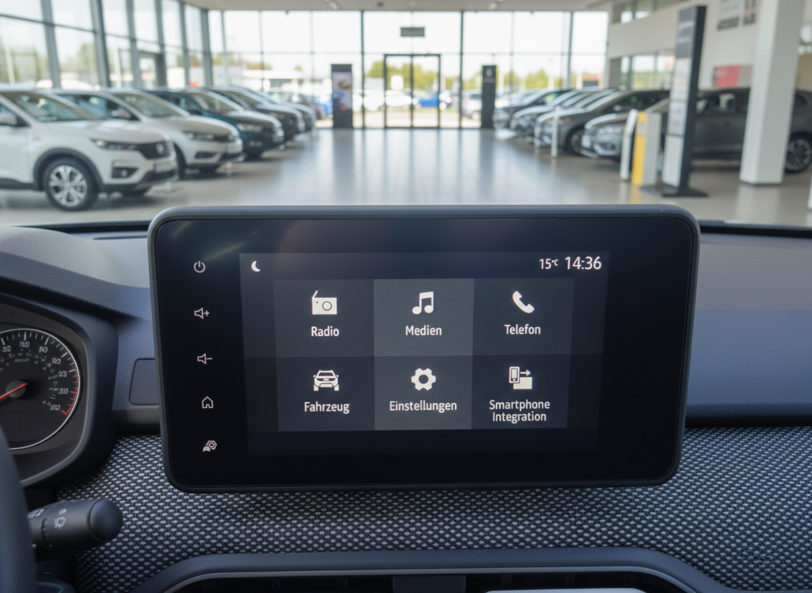 Dacia Infotainment-System Touchscreen mit Radio, Medien, Telefon und Smartphone-Integration im Autohaus