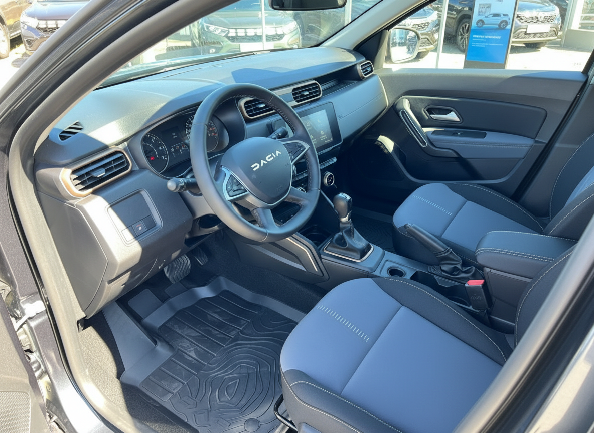 Dacia Duster Innenraum mit schwarzem Lenkrad, Cockpit und blauen Stoffsitzen