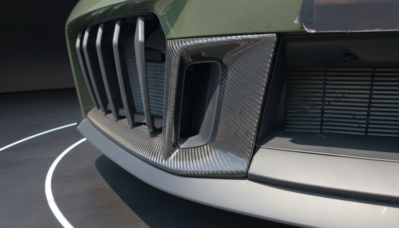 Detailaufnahme Frontpartie mit Carbon-Spoiler und Kühlergrill eines grünen Sportwagens