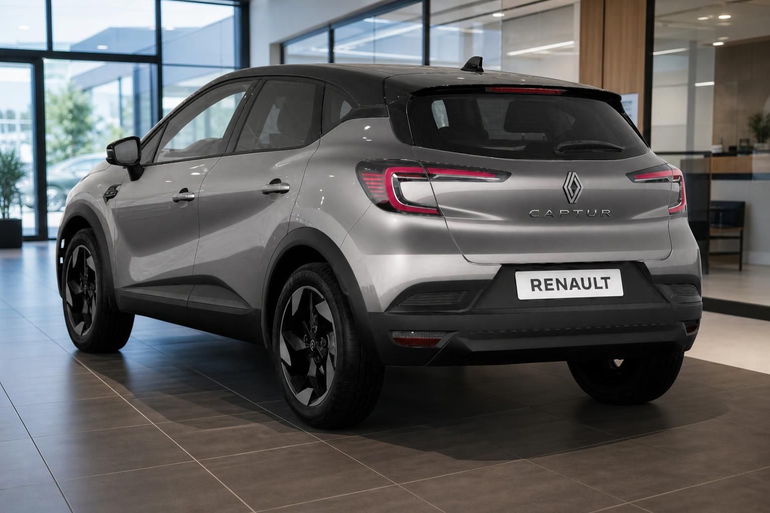 Renault Captur Crossover SUV Schrägansicht hinten in silbergrau mit schwarzen Akzenten im Showroom