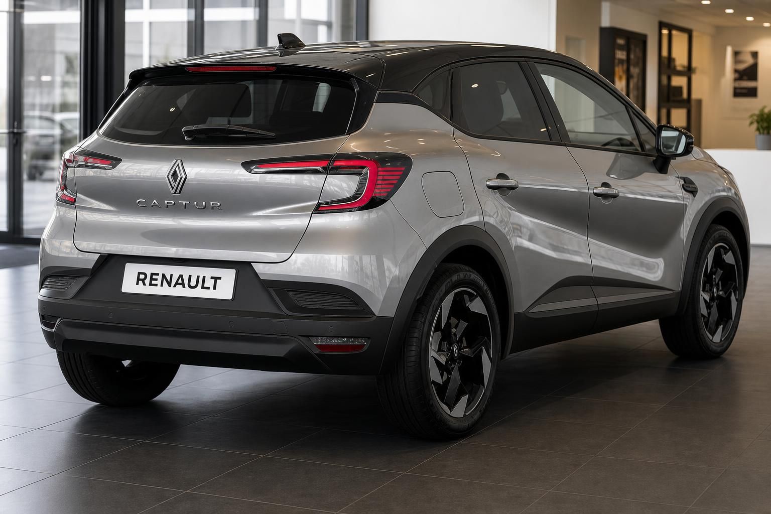 Renault Captur SUV Heckansicht in silbergrau mit schwarzem Dach und Renault Kennzeichen im Autohaus
