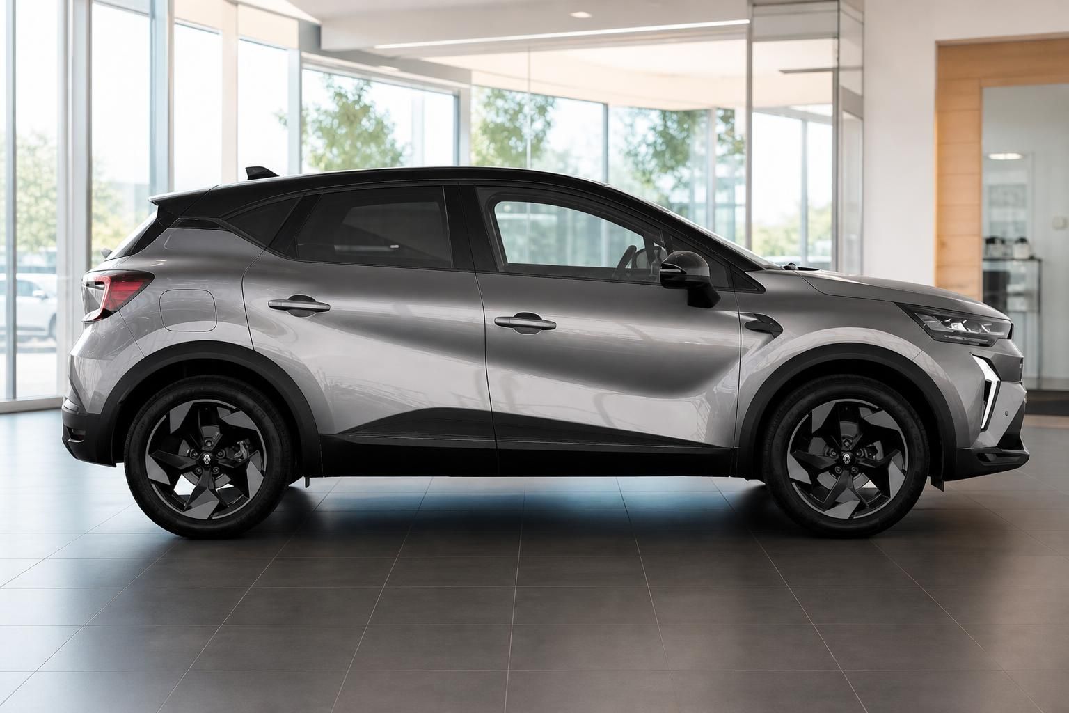 Renault Captur SUV Seitenansicht in silbergrau mit schwarzem Dach und modernen Leichtmetallfelgen
