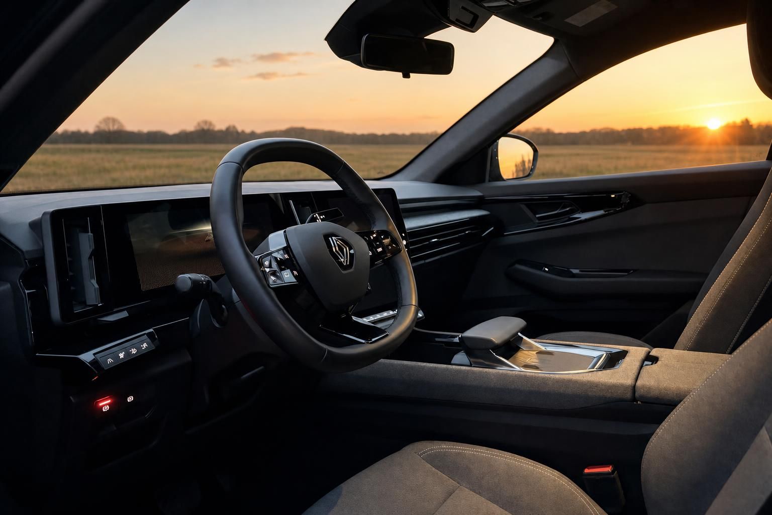 Renault Innenraum mit Lenkrad und Blick auf Sonnenuntergang bei Landschaft