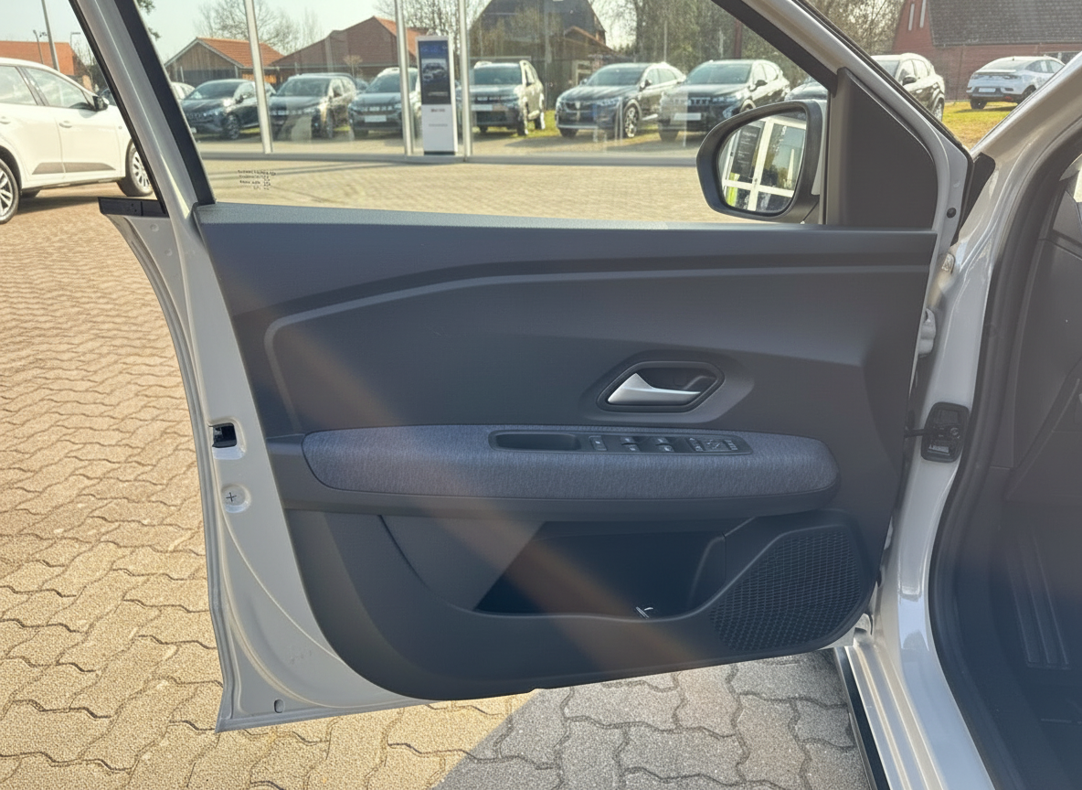 Fahrzeugtür innen geöffnet – Türverkleidung mit Fensterheber und Lautsprecher, Autohändler im Hintergrund