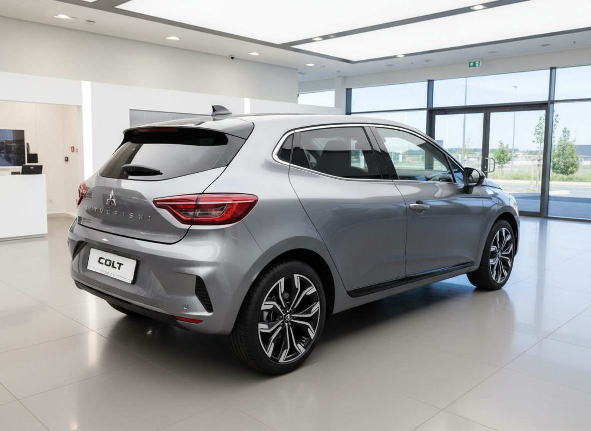 Mitsubishi Colt grau Heckansicht im Autohaus Showroom