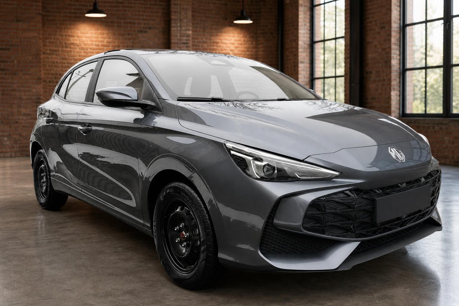 MG3 Hybrid+ Grau, Frontansicht schraeg mit Scheinwerferdetail
