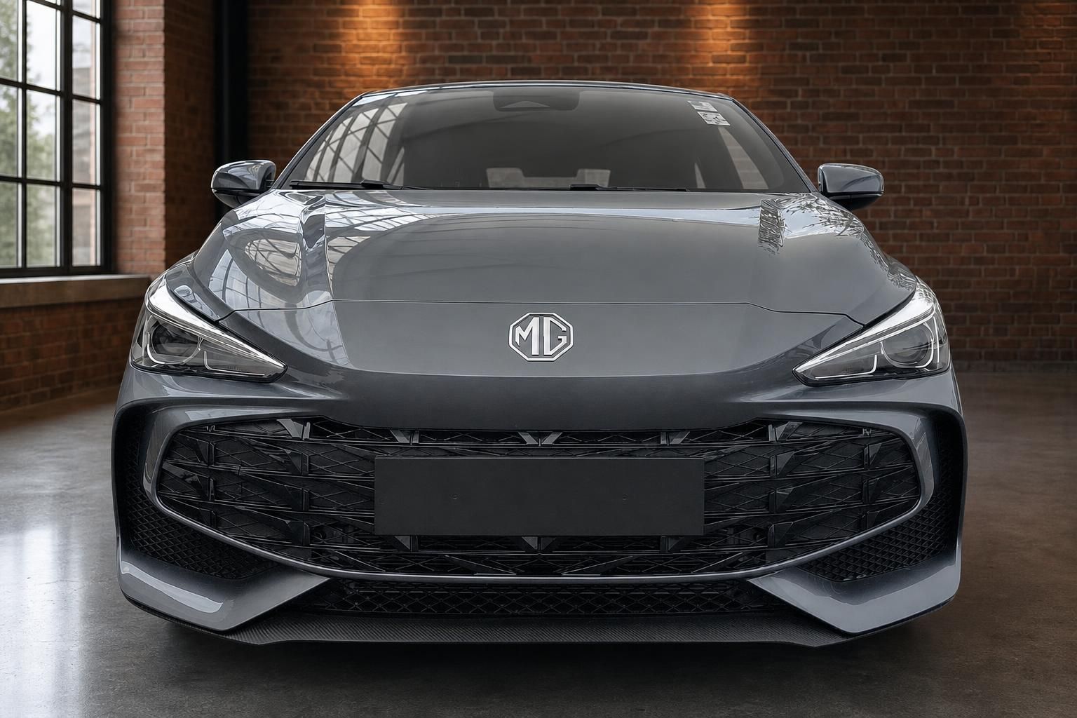MG Frontansicht mit Kühlergrill und Logo in Industrie-Loft