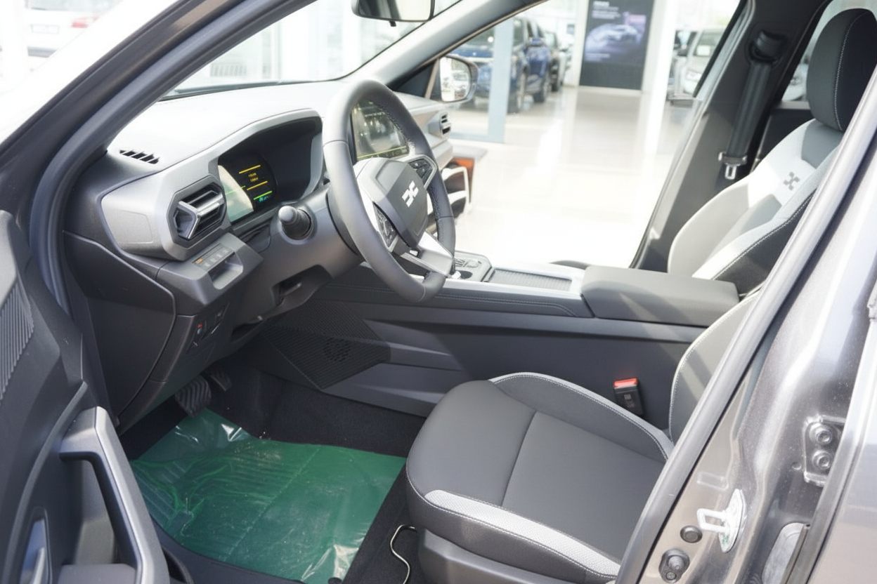 Fahrzeug Innenraum mit schwarzen Ledersitzen, modernem Cockpit und digitalem Display