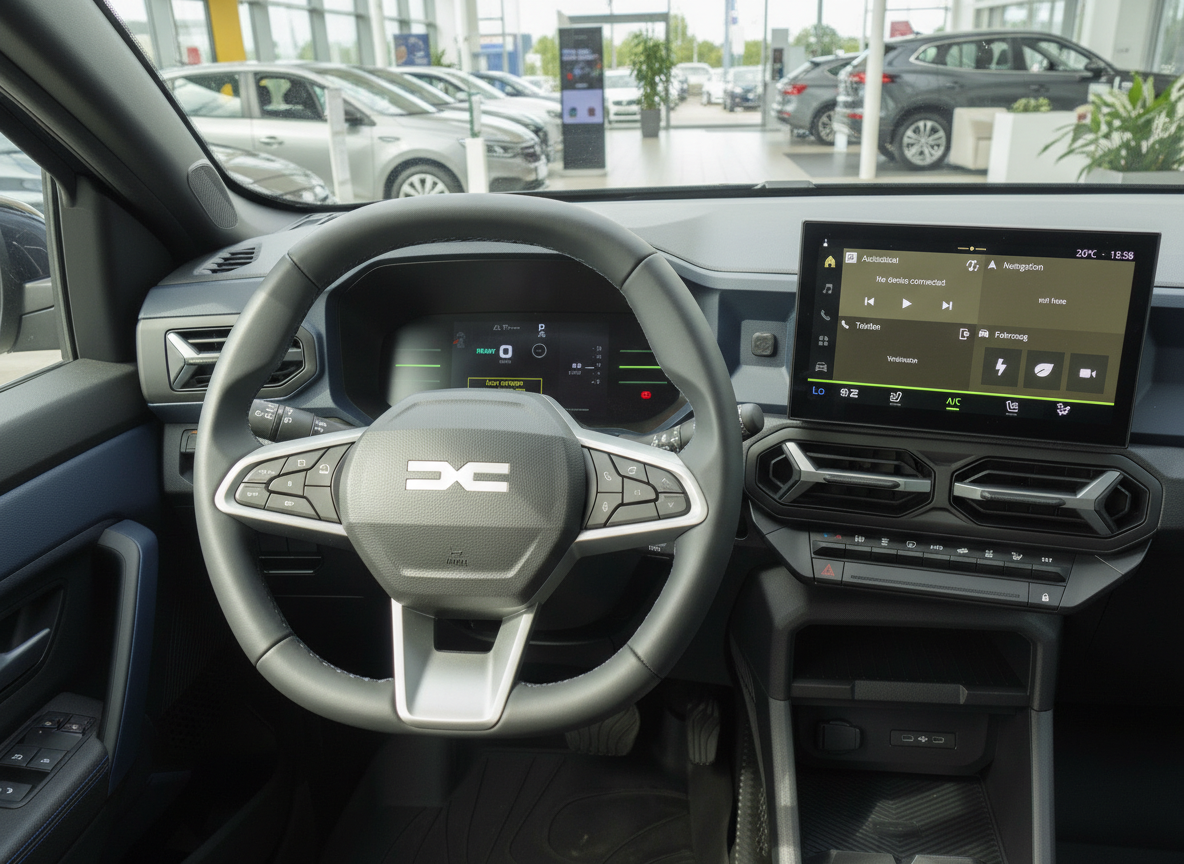 Dacia Innenraum mit Lenkrad und digitalem Infotainment-Display im Autohaus