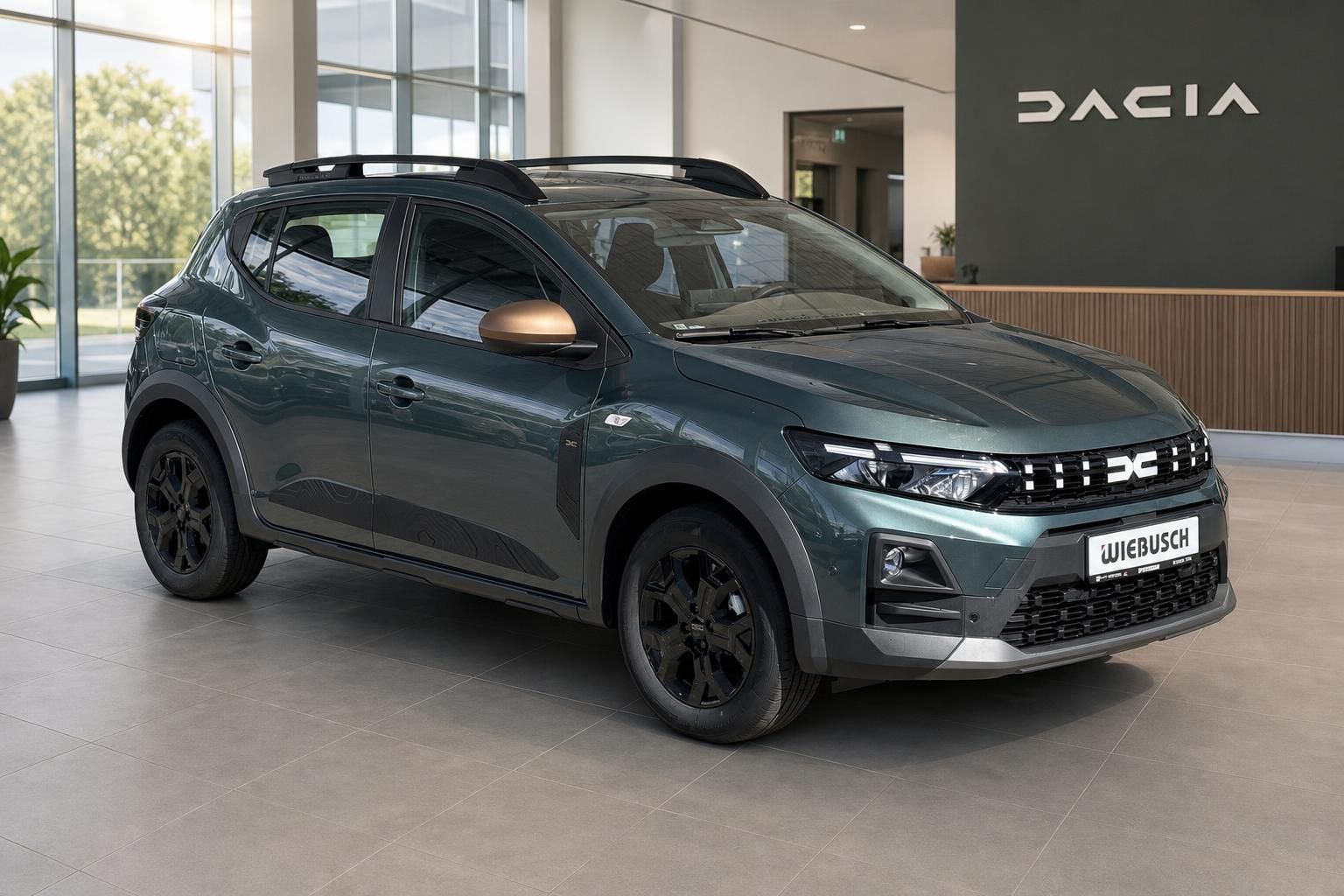 Dacia SUV grün metallic mit Dachträgern im Autohaus - Seitenansicht mit schwarzen Felgen