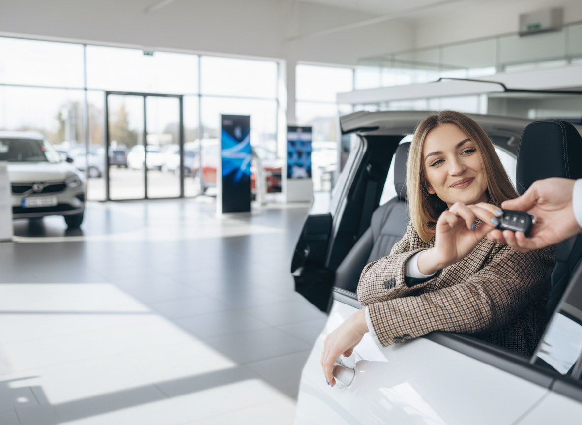 Frau sitzt im weißen SUV im Autohaus und erhält Fahrzeugschlüssel vom Verkäufer