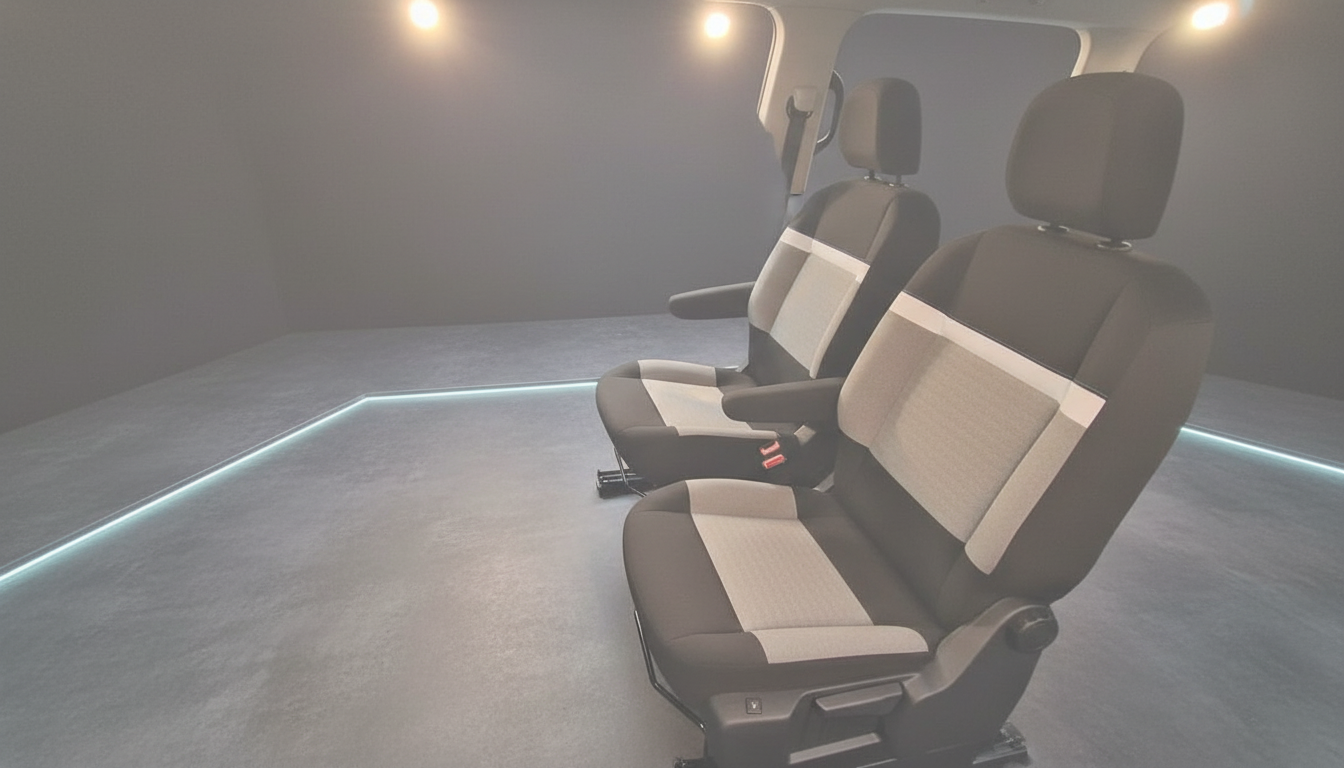 Fahrzeug-Innenraum mit zwei schwarzen Sportsitzen und beigen Akzenten in modernem Showroom