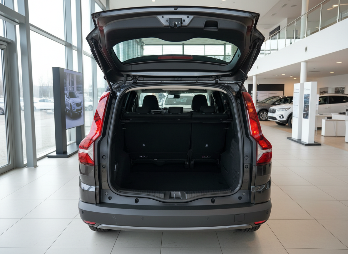 Dunkler SUV mit geöffneter Heckklappe und Blick auf den Kofferraum im Autohaus-Showroom