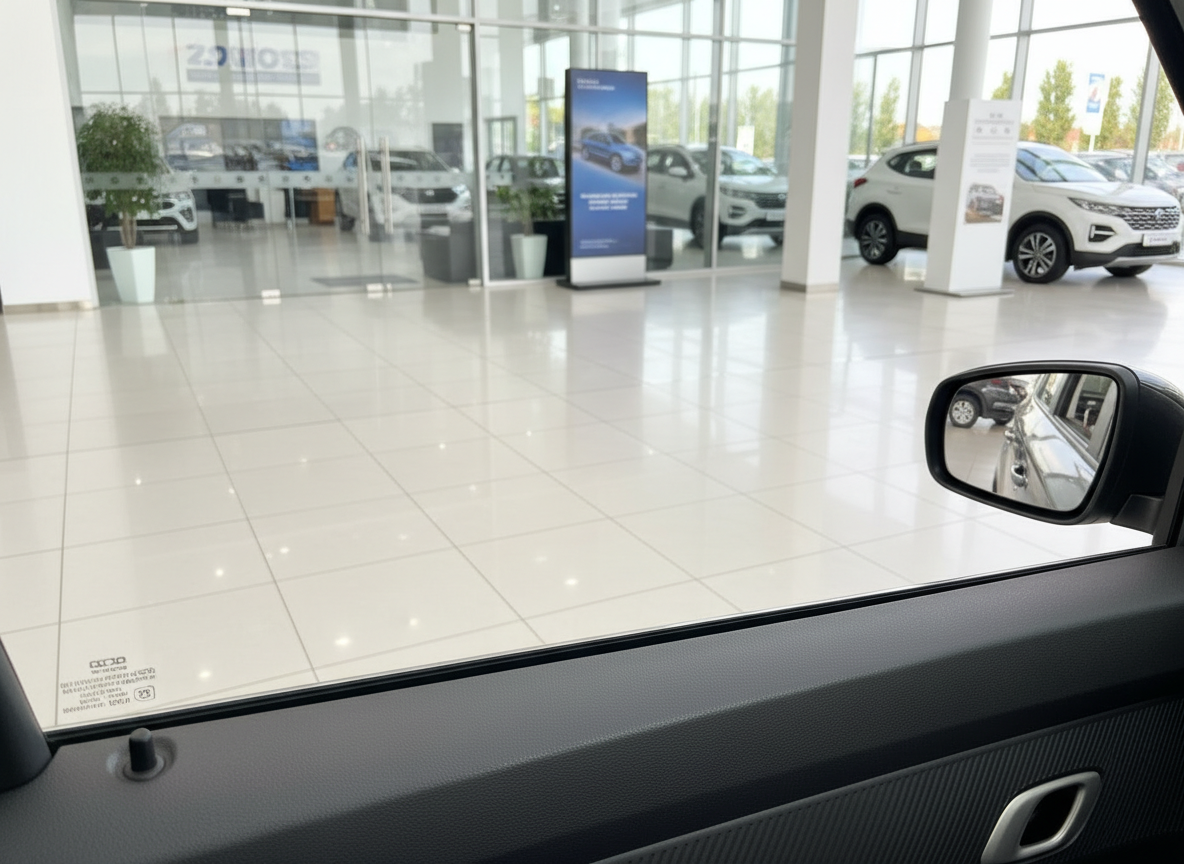 Blick aus Fahrzeug-Innenraum auf Autohaus-Showroom mit mehreren Neuwagen und Außenspiegel