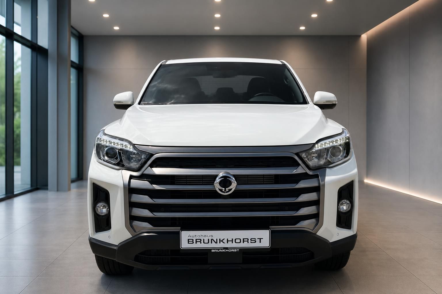 Weißer SUV Frontansicht mit markanter Kühlergrill und LED-Tagfahrlicht im Autohaus Showroom
